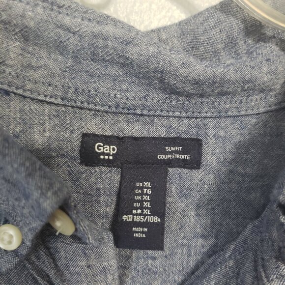 Gap Mens Linen Blend Button Up Shirt XL Slim Fit Blue Short Sleeve Chambray - Picture 3 of 12